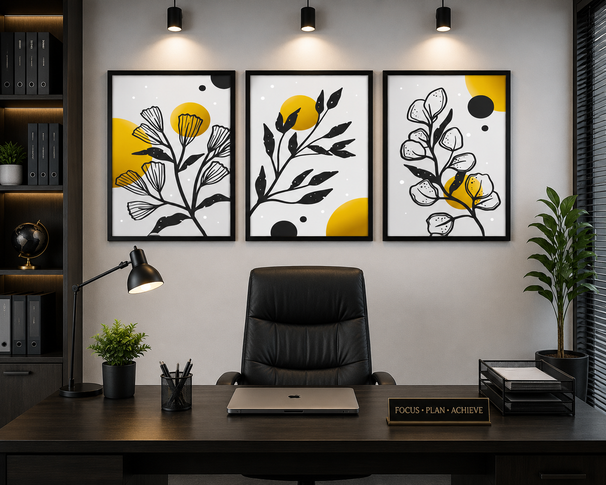 **Yellow & Black Botanical Wall Art – Set of 3 Frames**