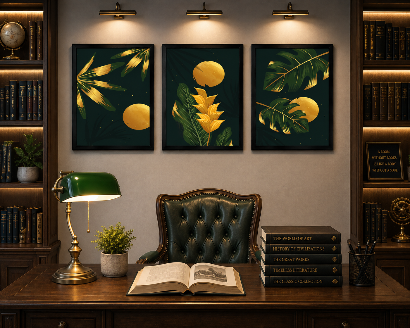 **Green & Gold Tropical Botanical Wall Art – Set of 3 Frames**