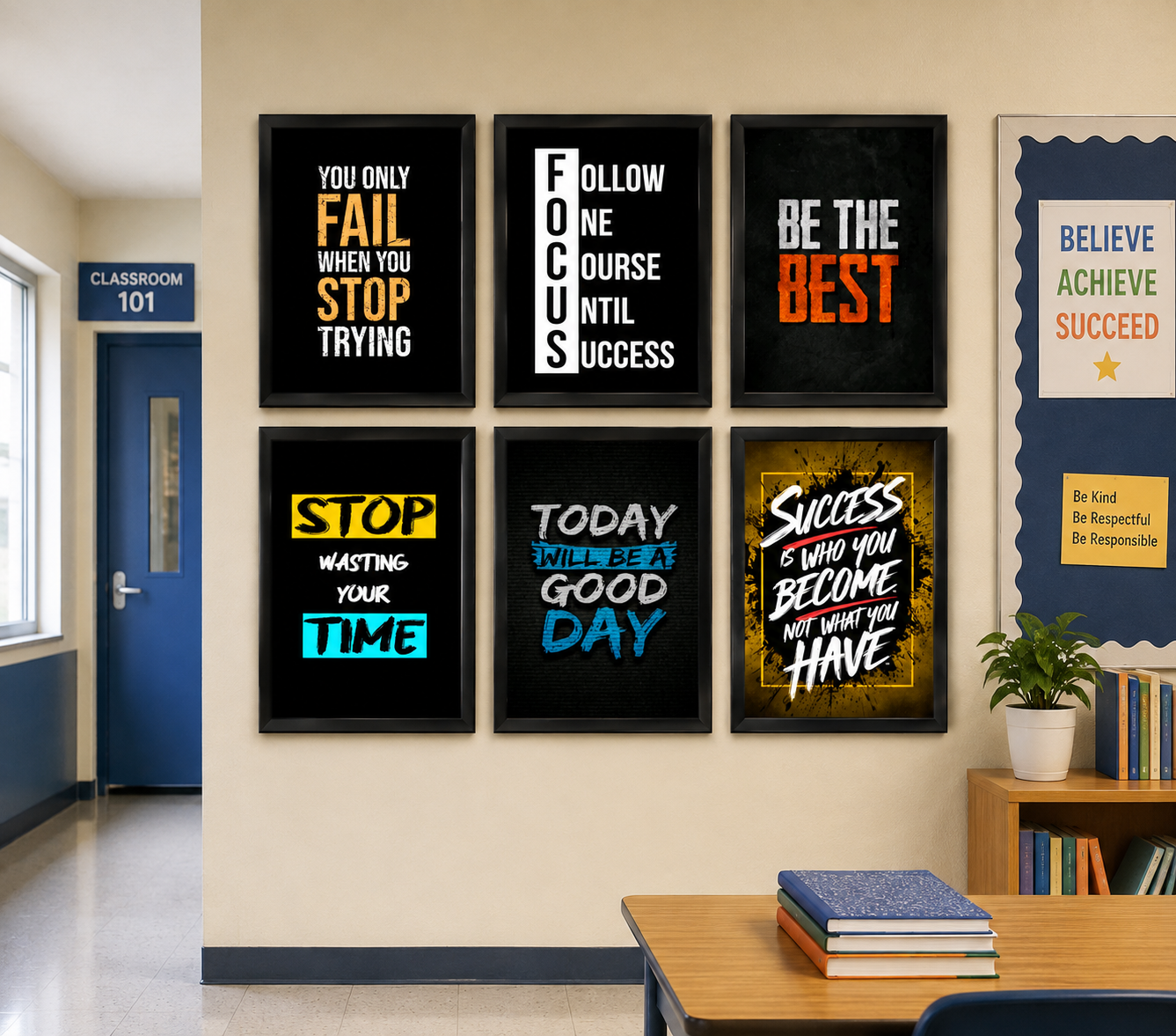 Set of 6 Motivational Wall Art Frames – Inspirational Quotes for Office, Classroom & Home Decor