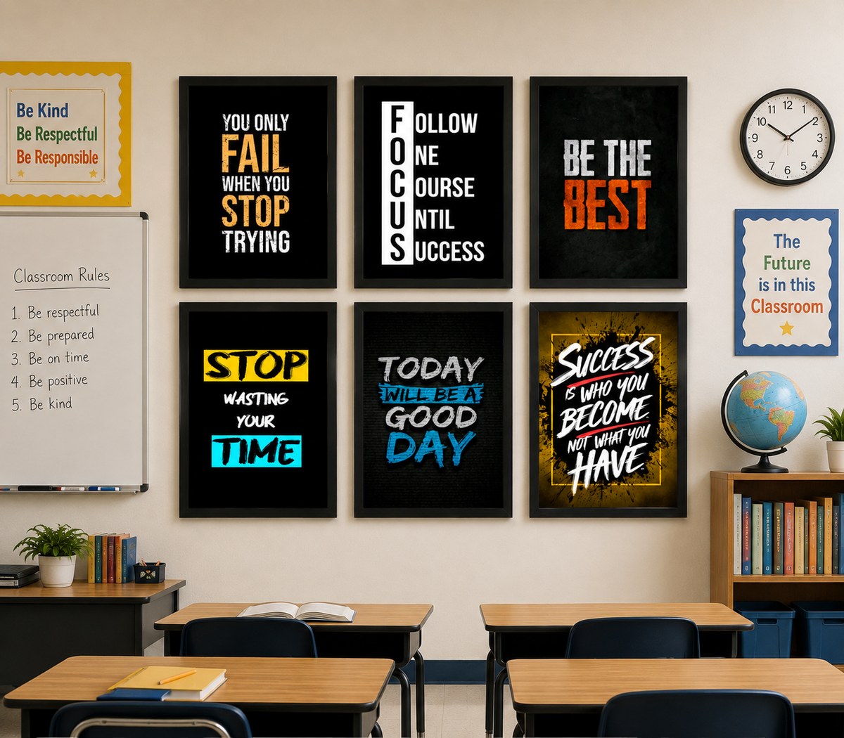 Set of 6 Motivational Wall Art Frames – Inspirational Quotes for Office, Classroom & Home Decor
