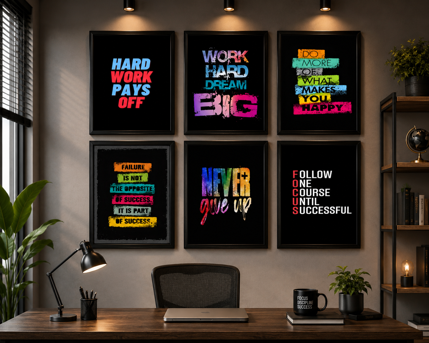 Set of 6 Motivational Wall Frames – Inspirational Office, Classroom & Podcast Room Décor