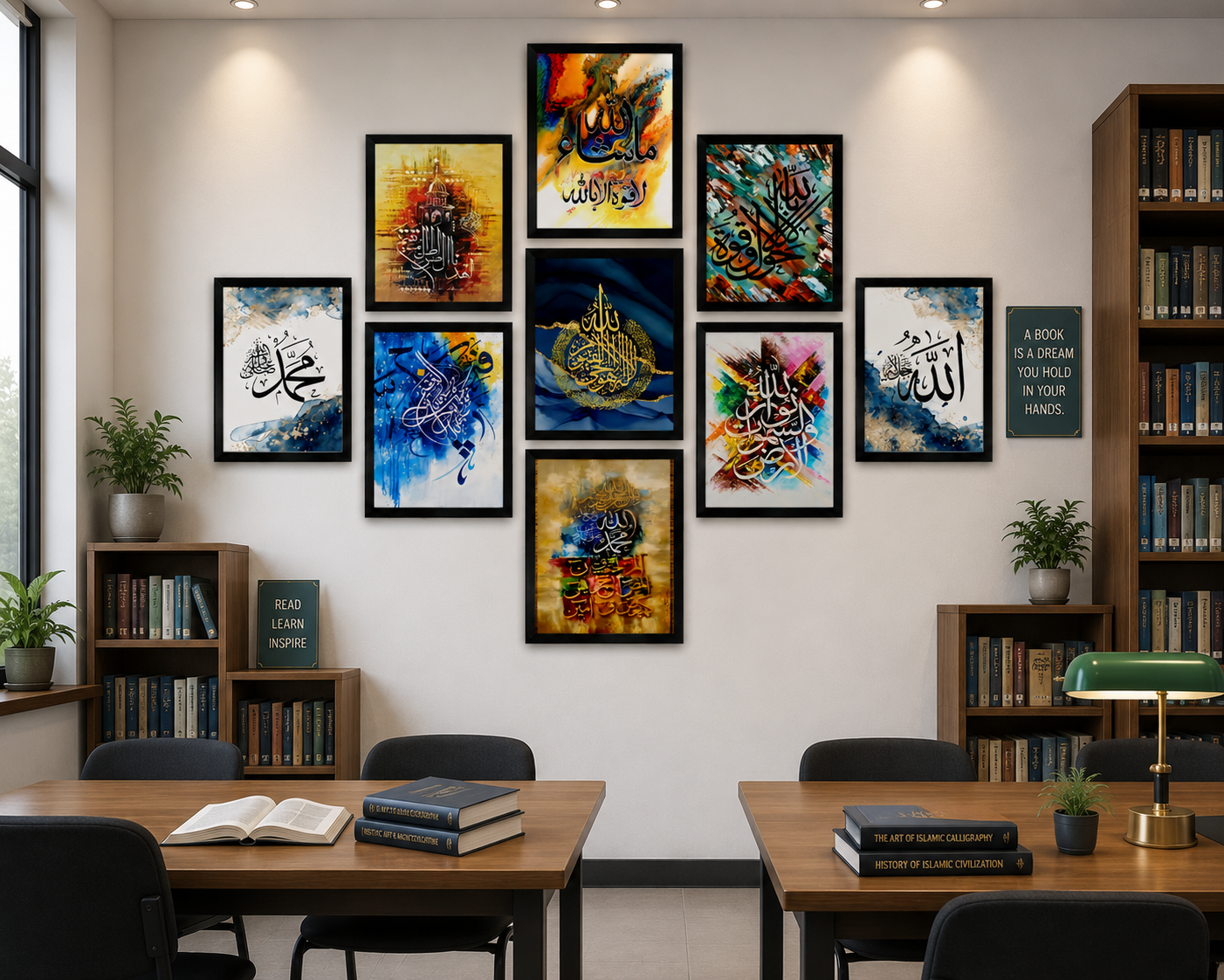 Colorful Islamic Calligraphy Wall Art – Set of 9 Frames