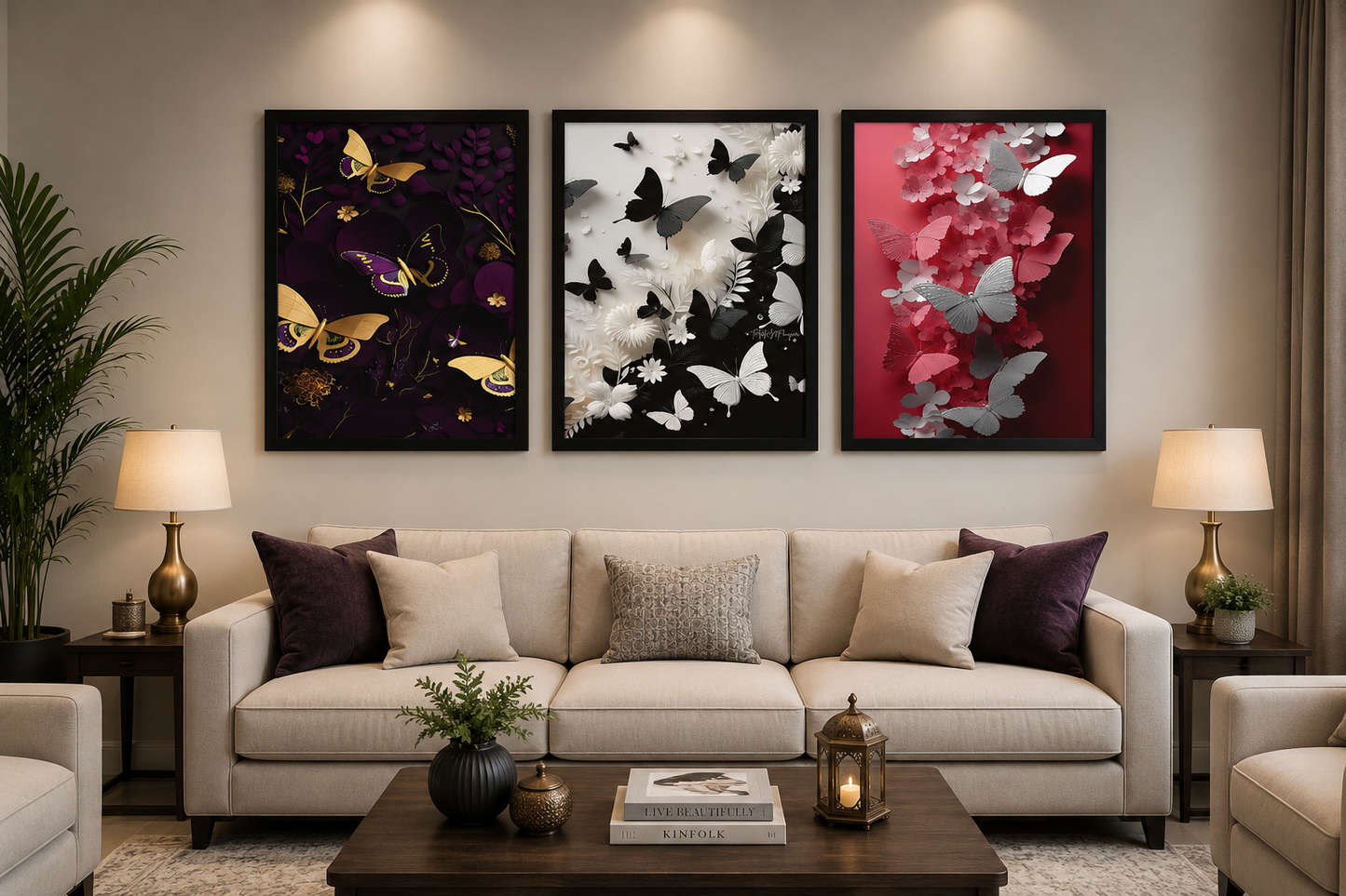 **Butterfly Floral Wall Art – Set of 3 Frames**