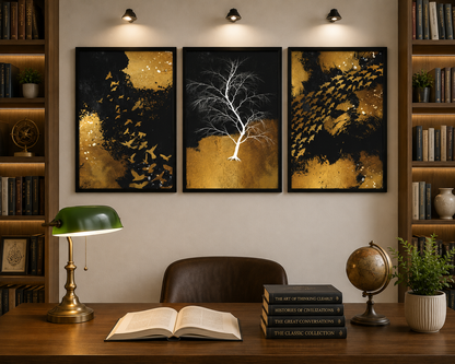 **Black & Gold Nature Wall Art – Set of 3 Frames**