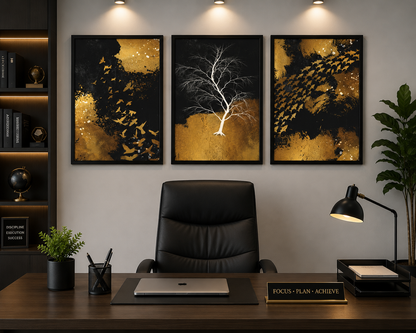**Black & Gold Nature Wall Art – Set of 3 Frames**