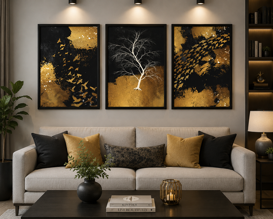 **Black & Gold Nature Wall Art – Set of 3 Frames**