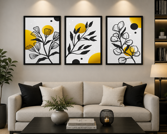 **Yellow & Black Botanical Wall Art – Set of 3 Frames**