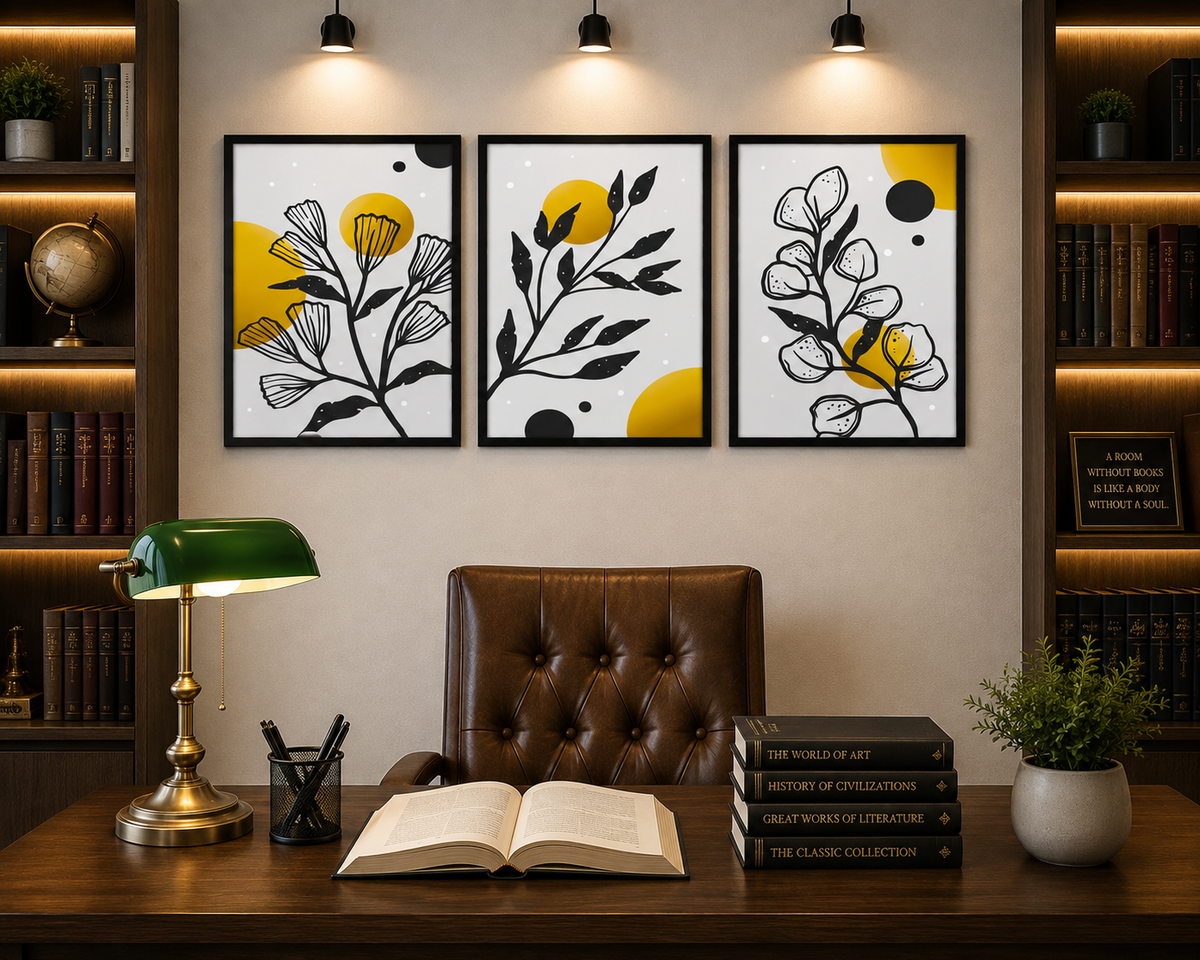 **Yellow & Black Botanical Wall Art – Set of 3 Frames**