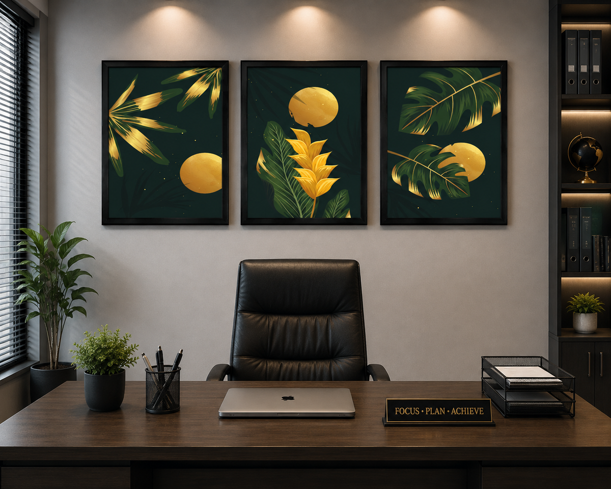**Green & Gold Tropical Botanical Wall Art – Set of 3 Frames**