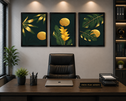 **Green & Gold Tropical Botanical Wall Art – Set of 3 Frames**