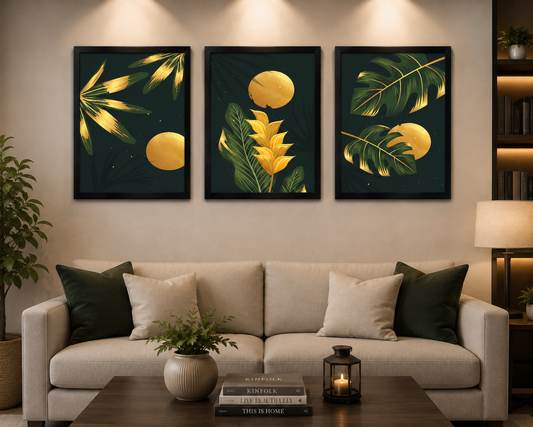 **Green & Gold Tropical Botanical Wall Art – Set of 3 Frames**