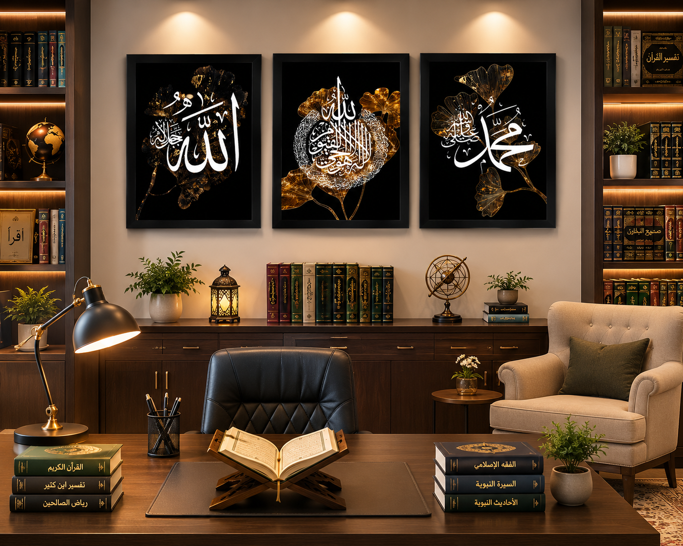**Black & Gold Allah Muhammad Islamic Wall Art – Set of 3 Frames**
