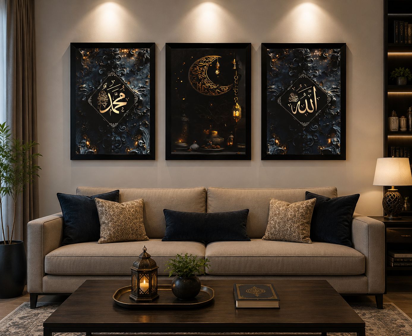 **Black & Gold Islamic Calligraphy Wall Art – Set of 3 Frames**