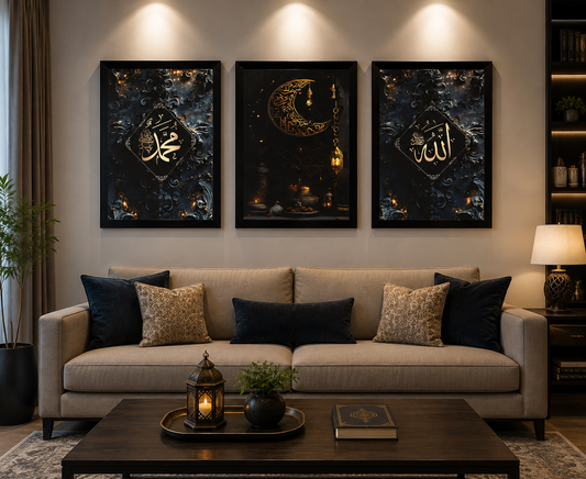 **Black & Gold Islamic Calligraphy Wall Art – Set of 3 Frames**