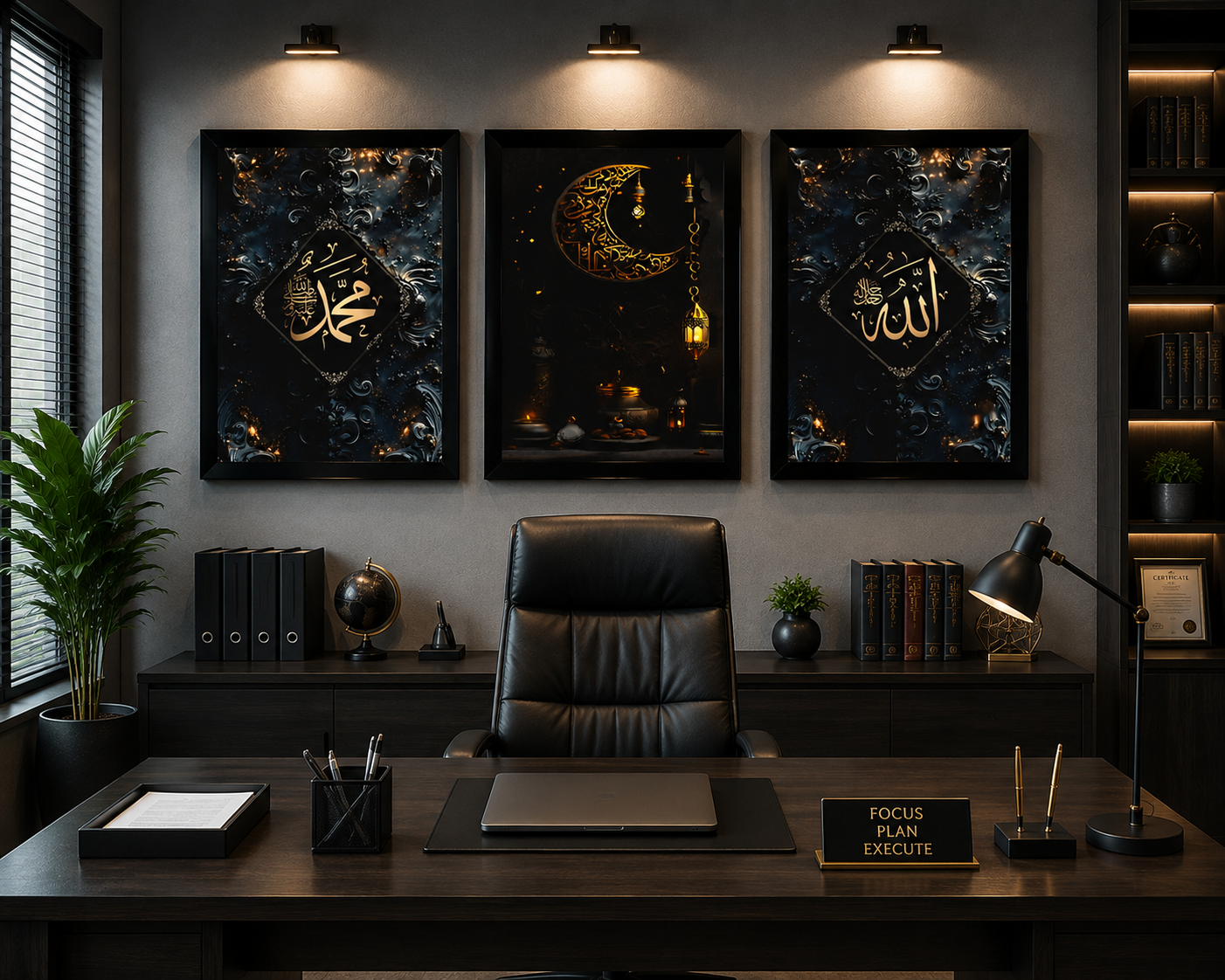 **Black & Gold Islamic Calligraphy Wall Art – Set of 3 Frames**