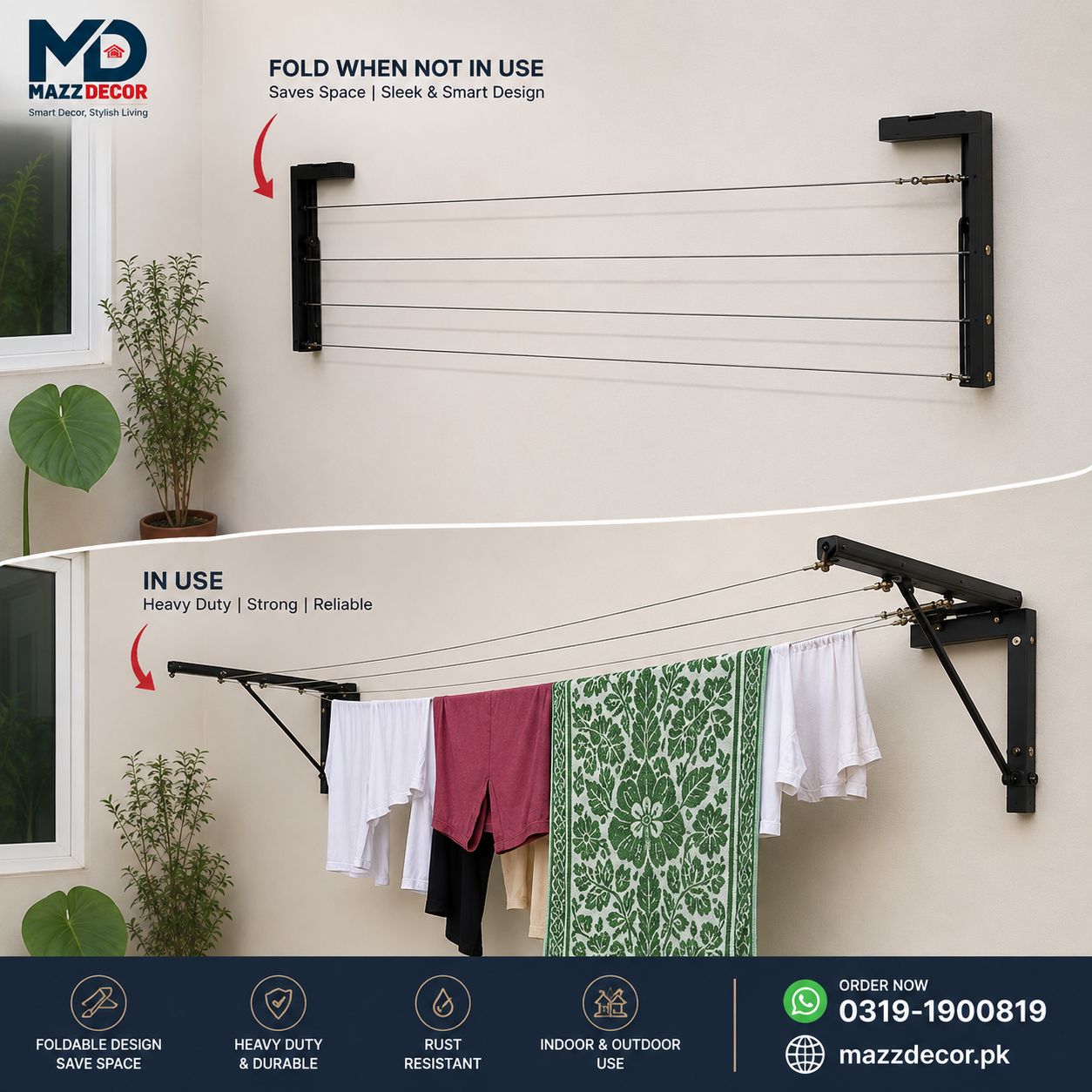 Foldable Clothesline Stand | Heavy Duty Wall Mount | Free 42/62/82 ft Steel wire included