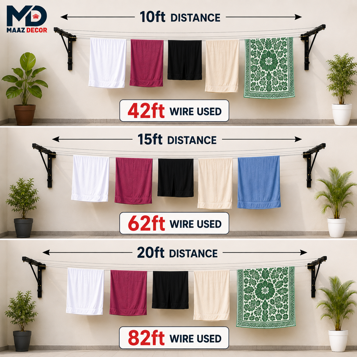 Foldable Clothesline Stand | Heavy Duty Wall Mount | Free 42/62/82 ft Steel wire included