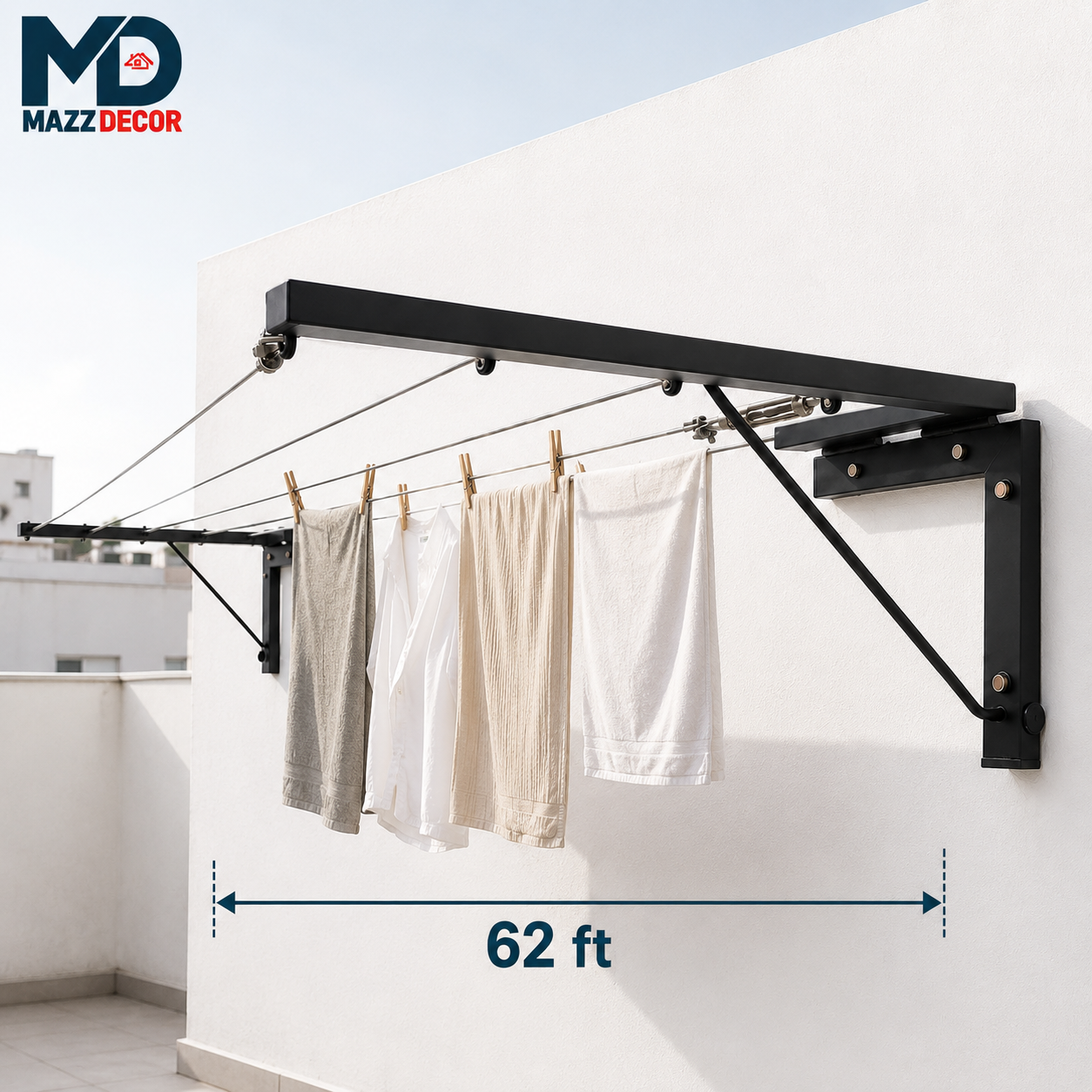 Foldable Clothesline Stand | Heavy Duty Wall Mount | Free 42/62/82 ft Steel wire included